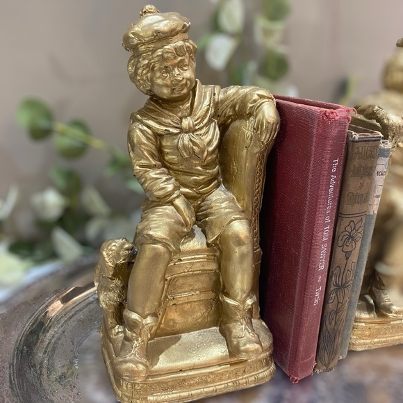 Vintage Set 2 Bookends Heavy Boy with Dog Gold - Picture 4 of 12